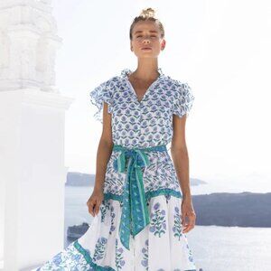 $328 NWT Oliphant Ruffle Collar Button Maxi Terra blue Dress XS